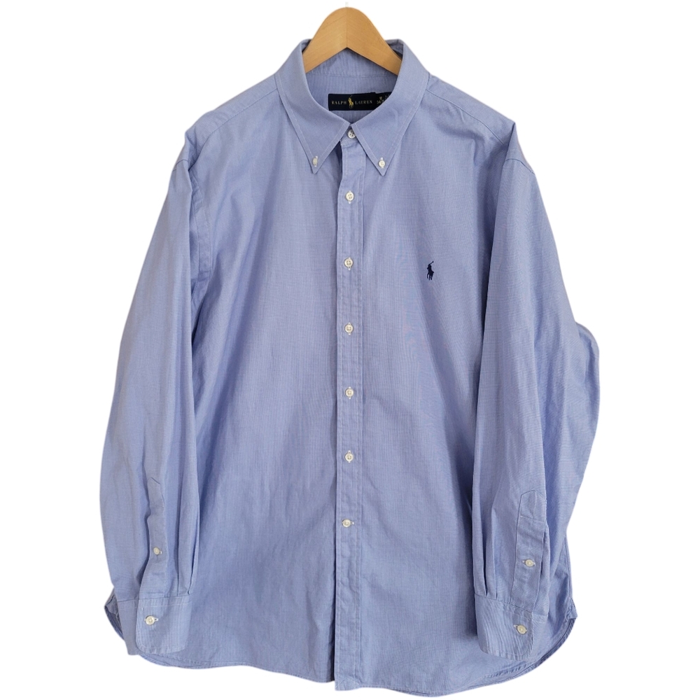 Ralph Lauren Dress Shirt Mens Size 18, 34-35 Blue 100% Cotton Pony Logo